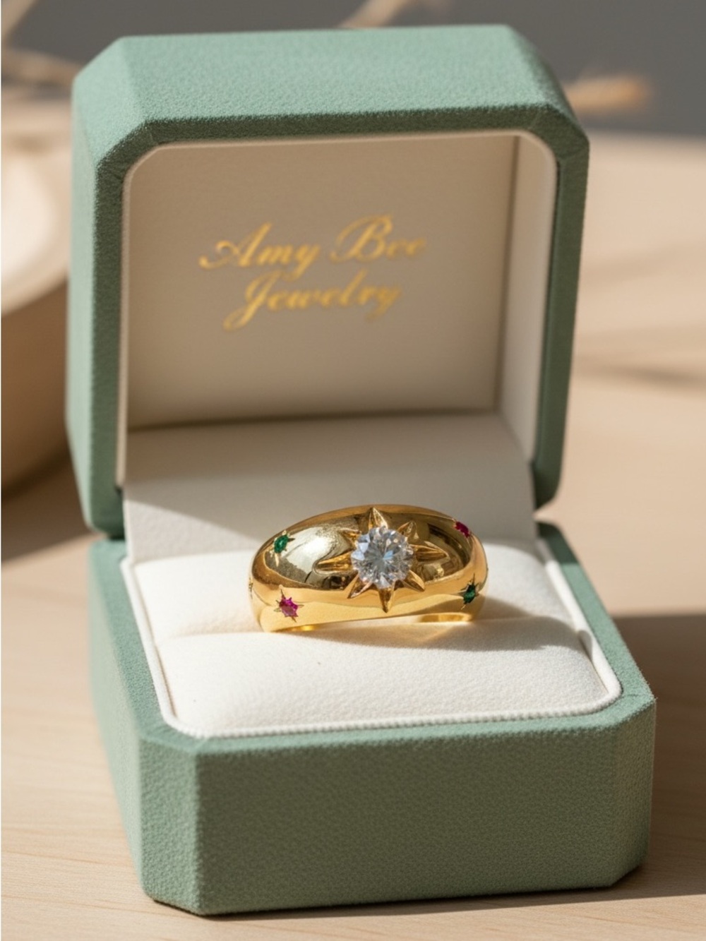 18k Gold Plated Dome Ring with Pink and Green Star CZ Accents.